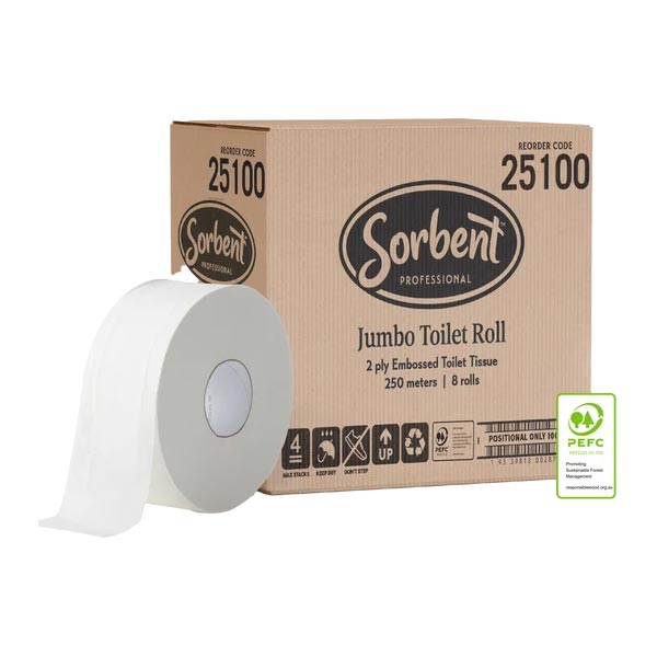 Sorbent Jumbo Roll Toilet Tissue 2ply 250m