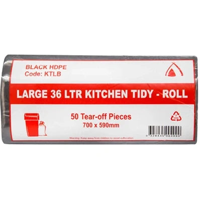 Tailored Packaging 36L Large Kitchen Tidy Bag Roll 8um Black 20 Pack - 1000 Bags